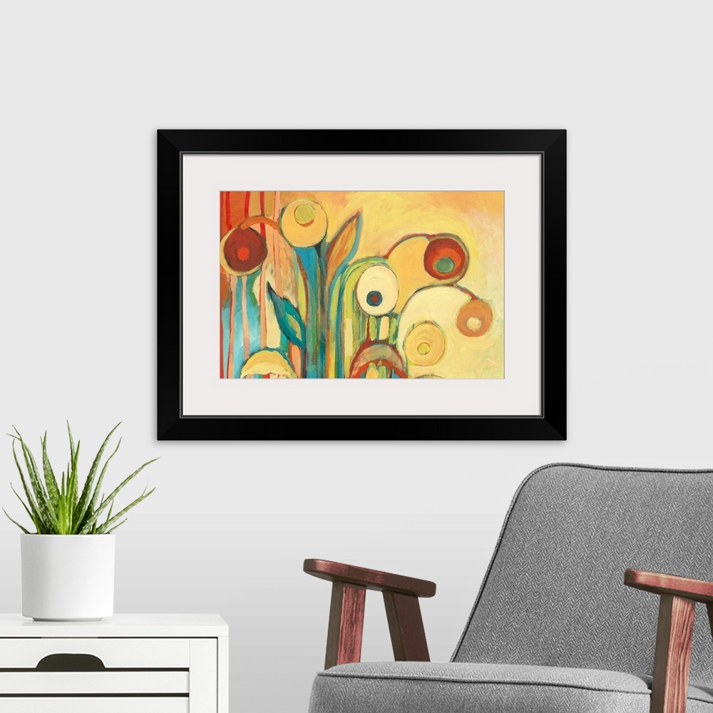 A modern room featuring Abstract painting of circular flowers that are a part of a garden.
