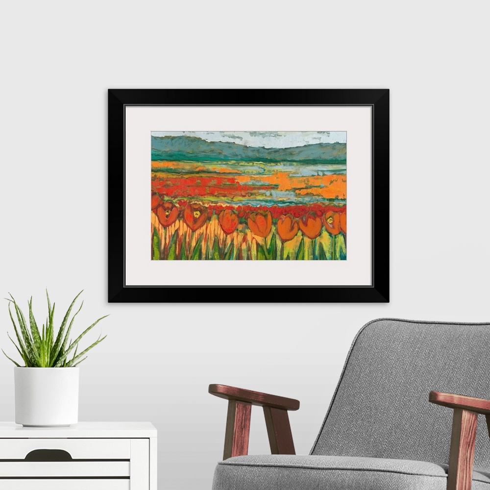 A modern room featuring A horizontal landscape painting with chunky brushstrokes of an abstract tulip field surrounded by...