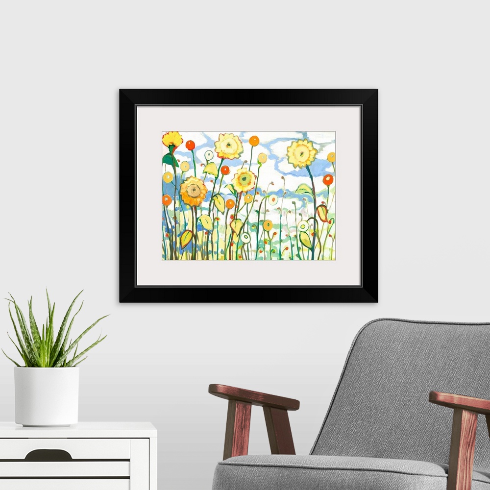 A modern room featuring This contemporary painting shows abstract sunflowers and poppy pods growing in the bright sunlight.