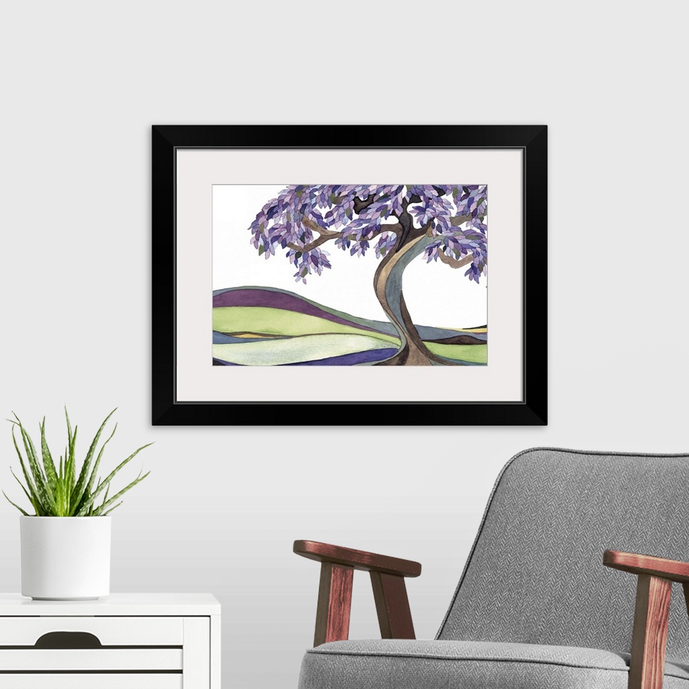 A modern room featuring Watercolor painting of a tree with a curved trunk and leafy branches in a field.