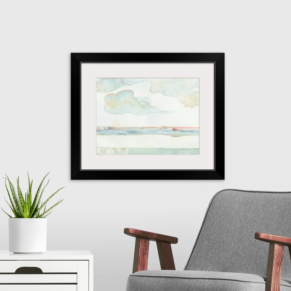 A modern room featuring Hand Painted Watercolor of the ocean's Horizon line