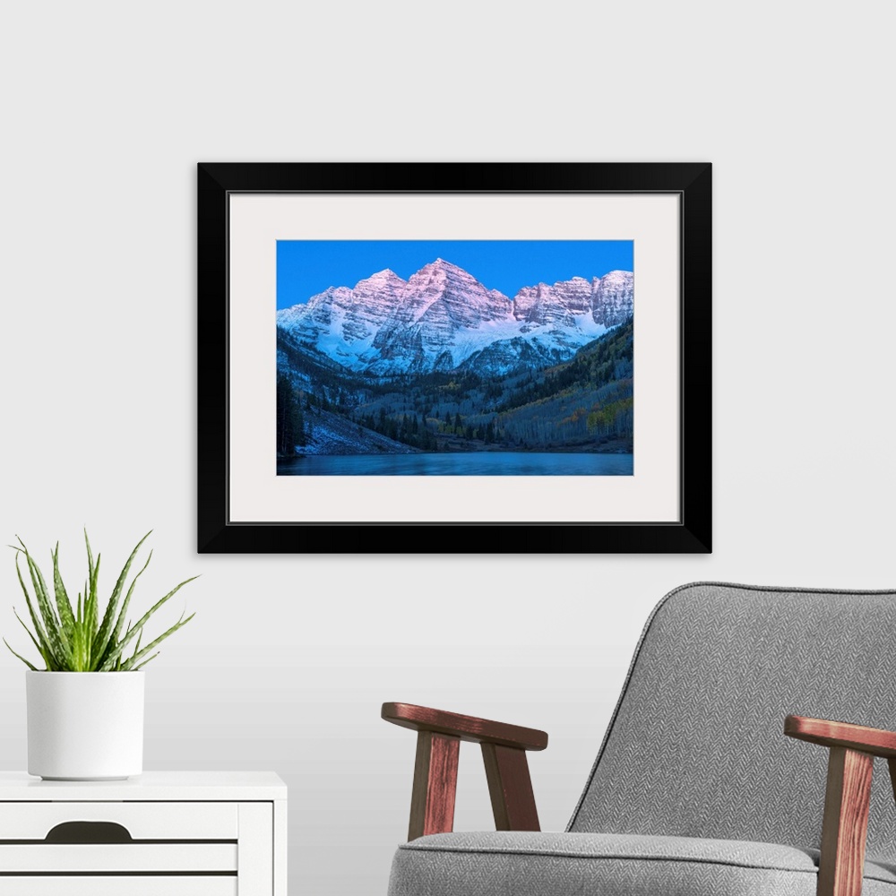 A modern room featuring USA, Colorado, Rocky Mountains, Aspen, Maroon Bells at dawn.