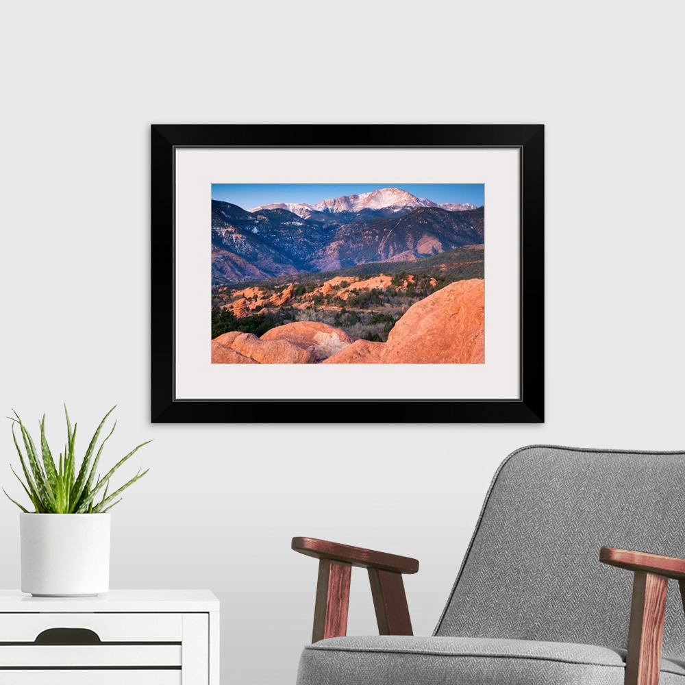 A modern room featuring USA, Colorado, Colorado Springs, Garden of the Gods with view of Pikes Peak, dawn