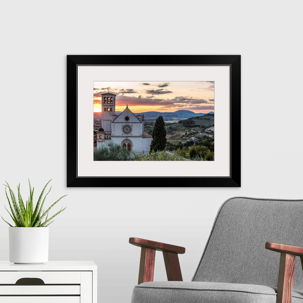 A modern room featuring Europe, Italy, Umbria, Assisi. Sunset at the Basilica of Saint Francis of Assisi.
