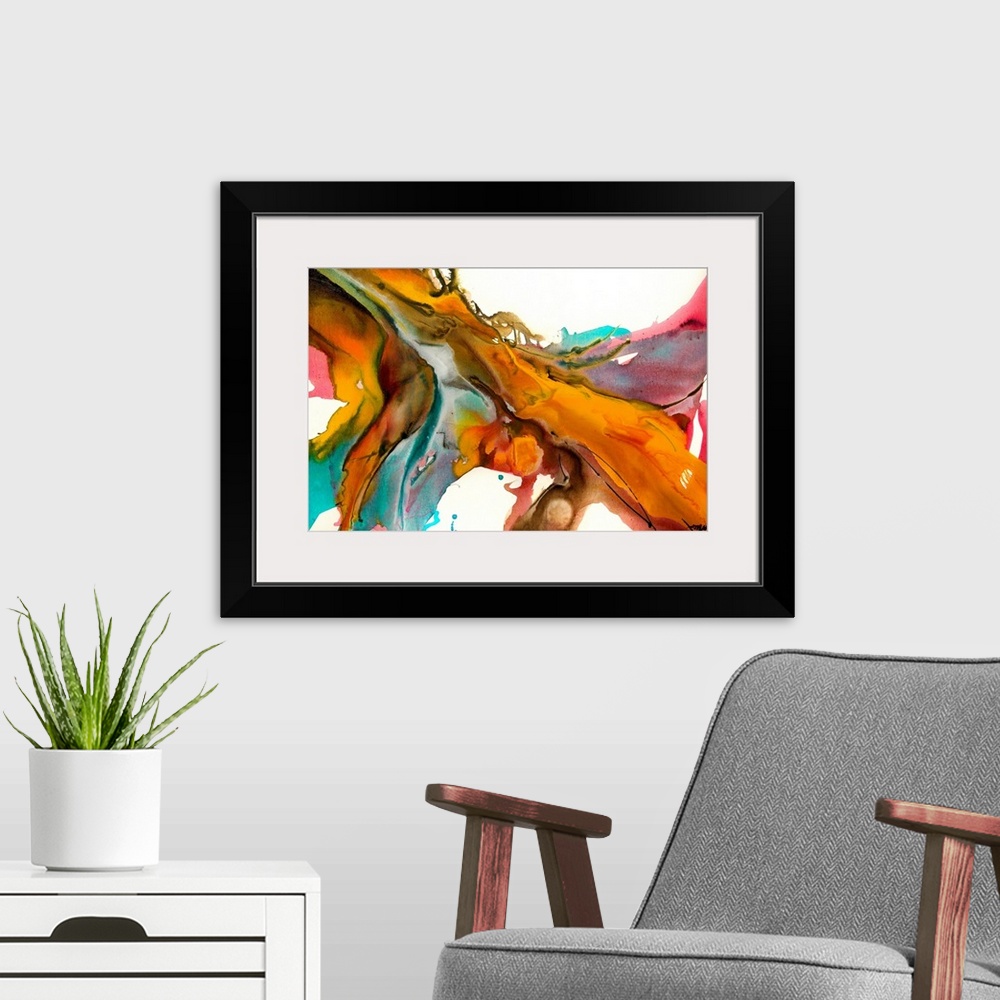 A modern room featuring A horizontal abstract painting of torrent of colors splattering on a canvas.