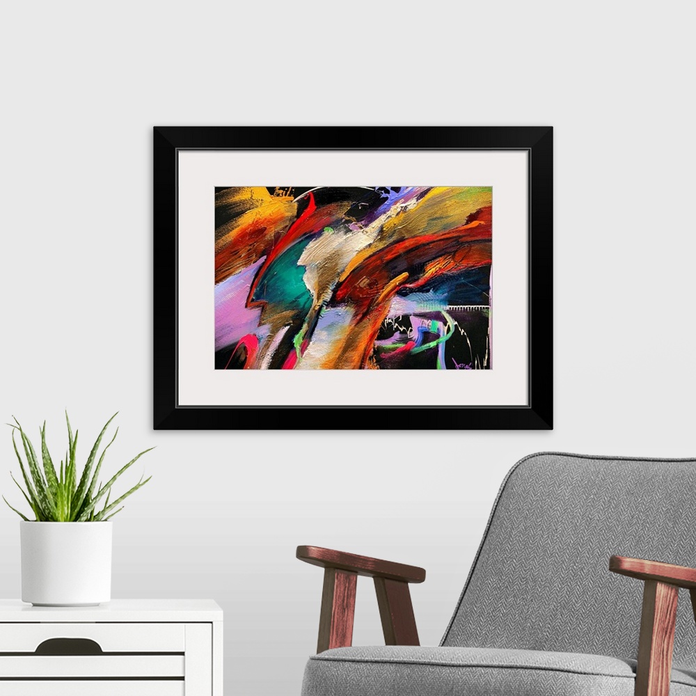 A modern room featuring Modern abstract artwork of a clash of color streaks.