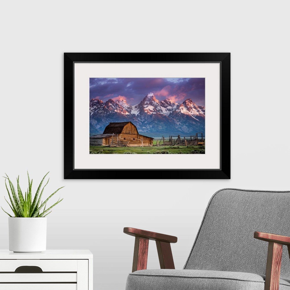 A modern room featuring Sun Rises Over Mormon Barn, Grand Teton National Park, Wyoming