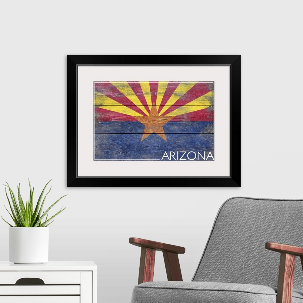 A modern room featuring The flag of Arizona with a weathered wooden board effect.