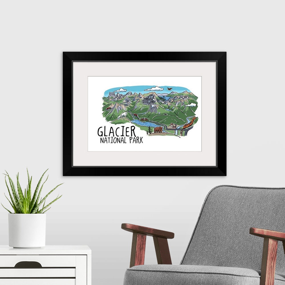 A modern room featuring Glacier National Park, Montana - Line Drawing