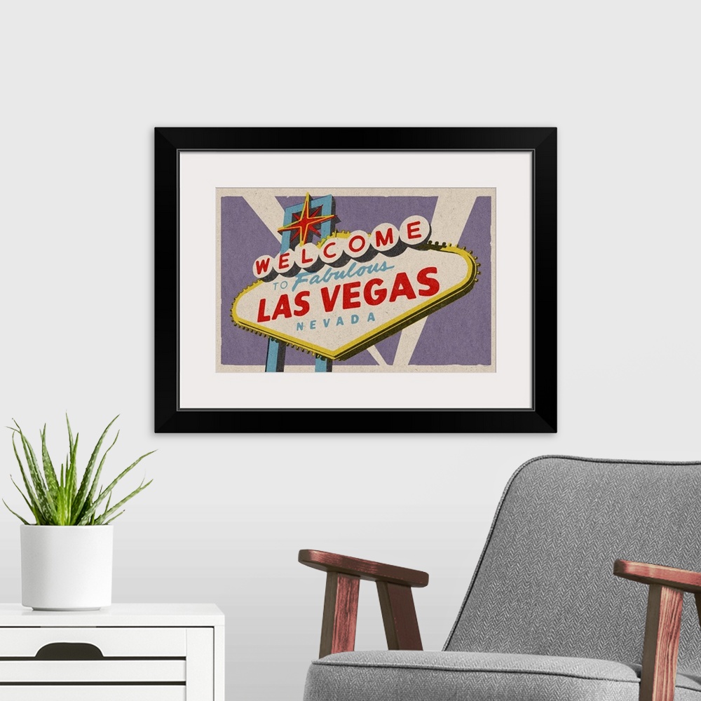 A modern room featuring Las Vegas, Nevada - Welcome Sign Woodblock: Retro Travel Poster