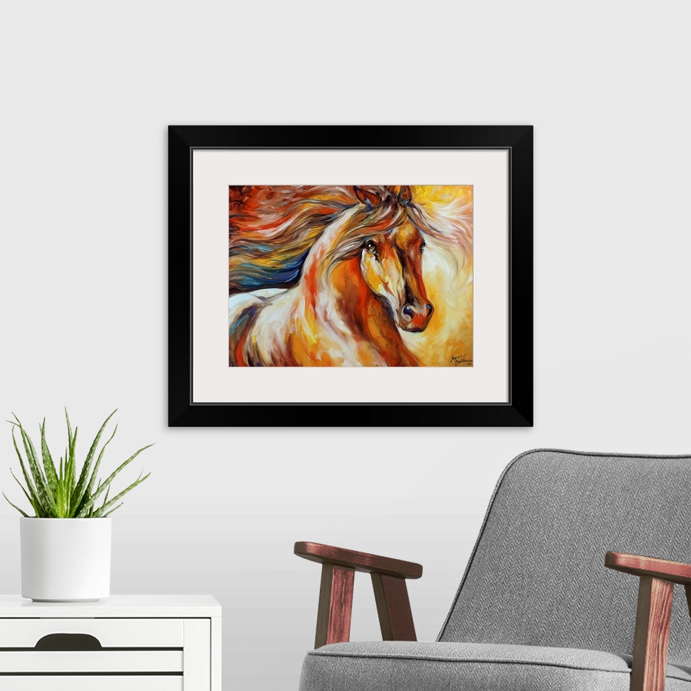 A modern room featuring Contemporary painting of a horse in action with a flowing mane.