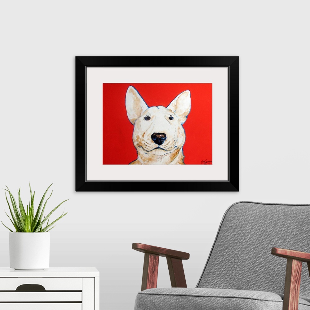 A modern room featuring Painting of a white bull terrier with a blue outline on a bright red background.