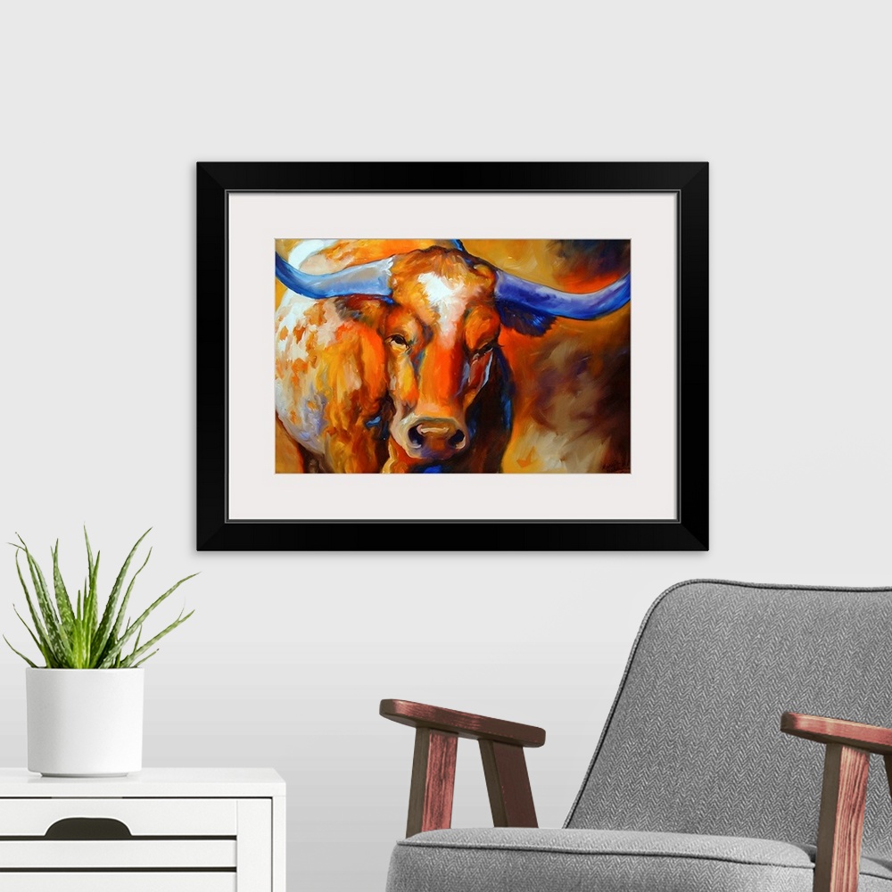 A modern room featuring Contemporary painting of a longhorn made with warm hues and cool blues on the horns and throughou...