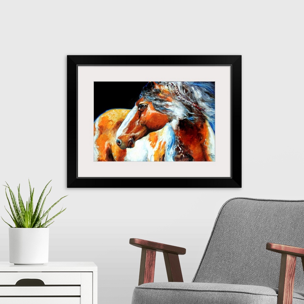 A modern room featuring Contemporary painting of an Indian War Horse with feathers in its mane.