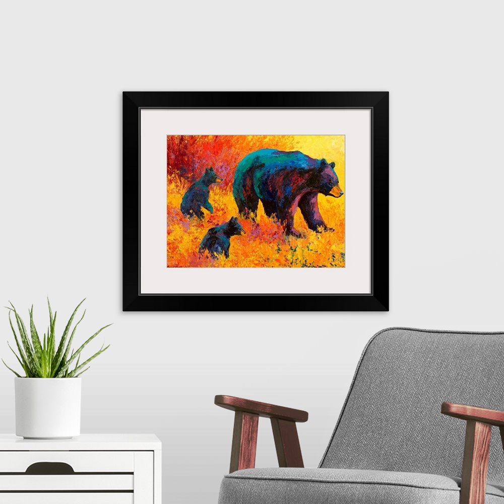 A modern room featuring Contemporary artwork of a mother black bear with her two cubs by her side amongst warmly colored ...
