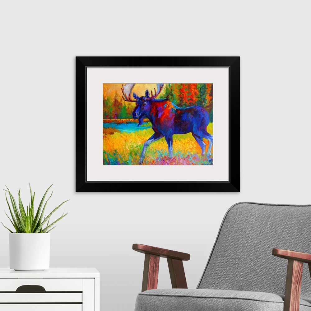 A modern room featuring A bull moose strolls through grass near a pond in a pine forest in this contemporary painting wit...