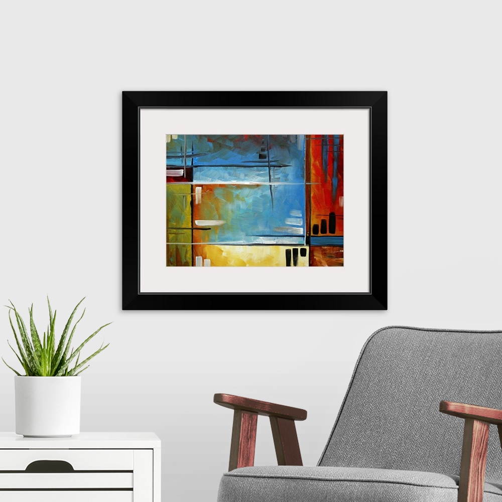 A modern room featuring Large abstract art includes bright and rich colors over a variety of rectangles.  Artist also use...