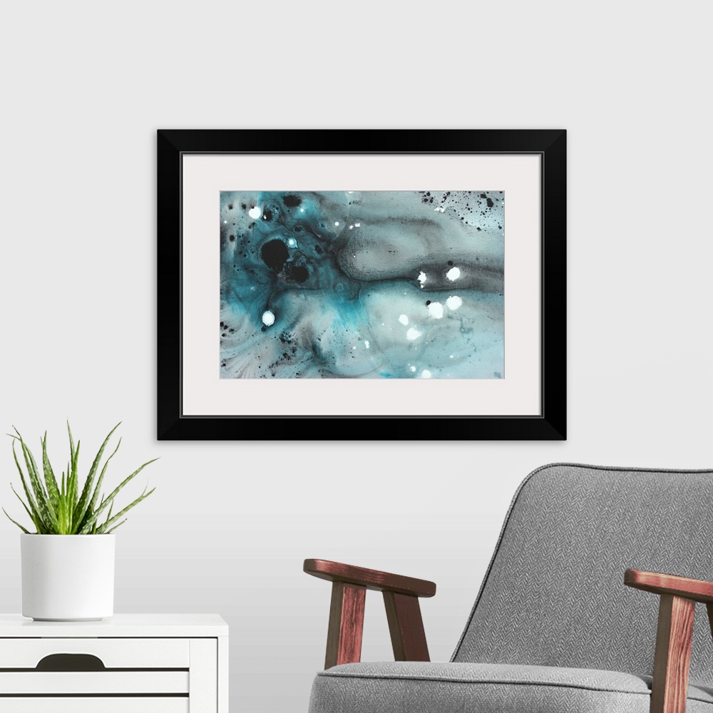 A modern room featuring Contemporary abstract painting of muted watercolor background with dark ink splatters.