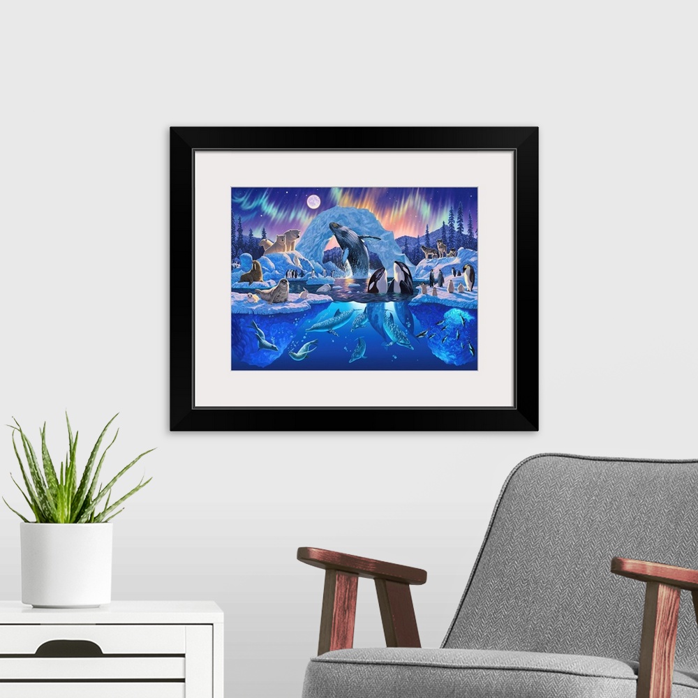 A modern room featuring Whimsical painting of polar life.  There are images of killer whales, penguins, polar bears, walr...