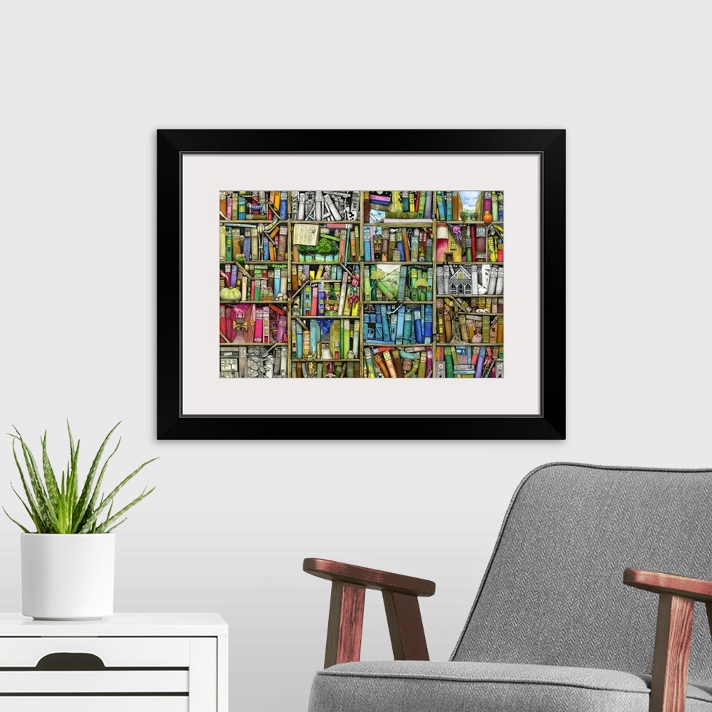 A modern room featuring Fantasy illustration of a shelf full of books with hidden figures and objects. Each section of th...