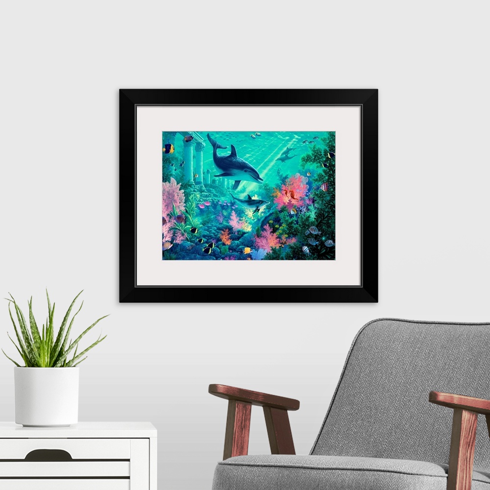 A modern room featuring Contemporary fantasy art of dolphins swimming underwater near column structures and colorful coral.