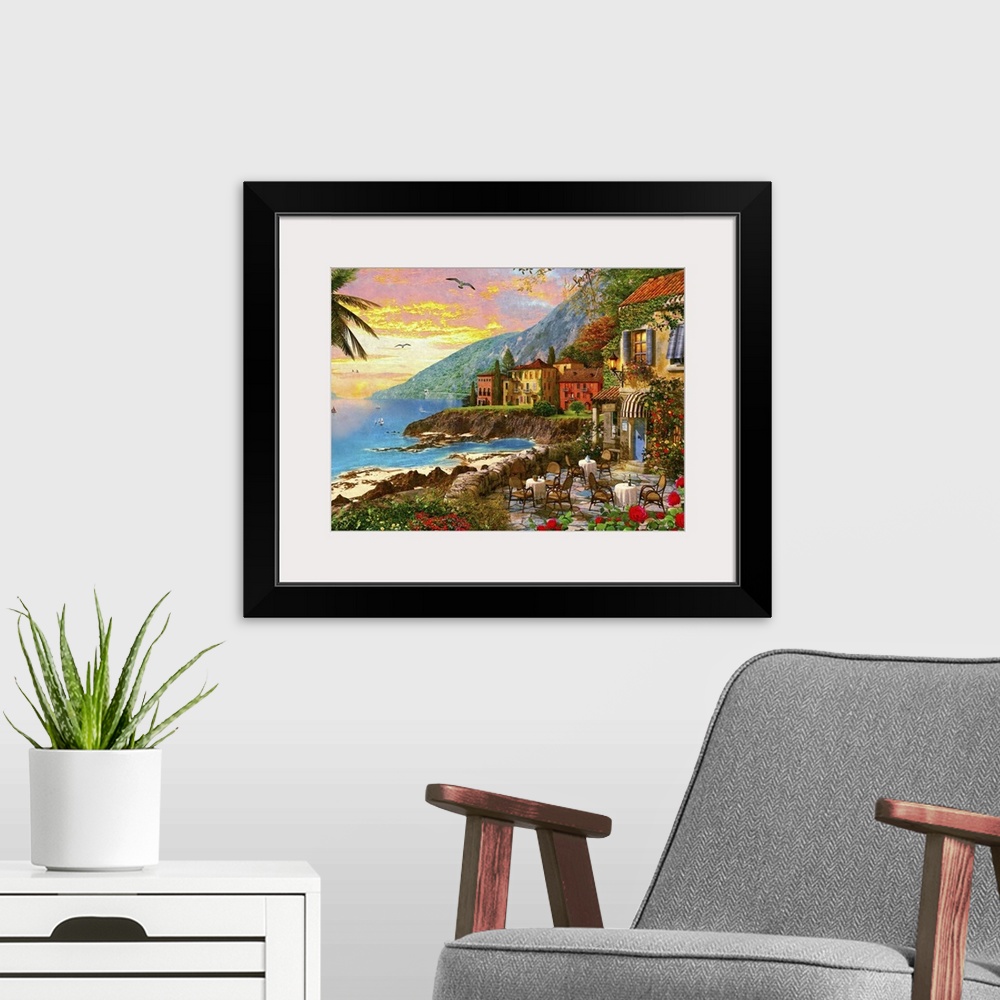 A modern room featuring Illustration of an island town at sunset.