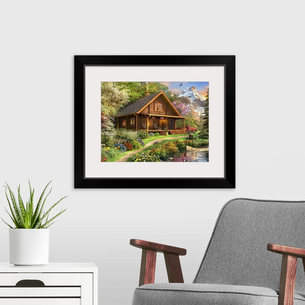 A modern room featuring Illustration of a log Cabin somewhere in North America.