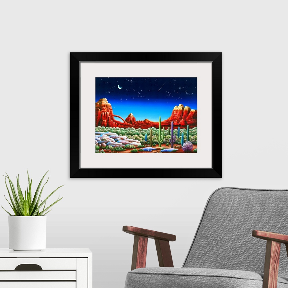 A modern room featuring Painting of a desert landscape under a starry night sky.