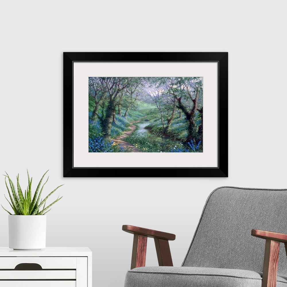 A modern room featuring Contemporary painting of winding path through lush forest.