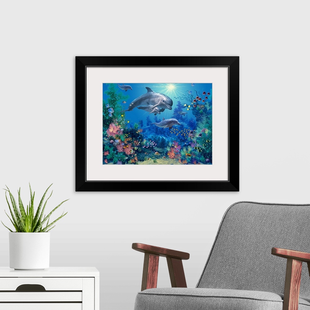 A modern room featuring Artwork created of the ocean wildlife with a family of dolphins and different species of fish swi...