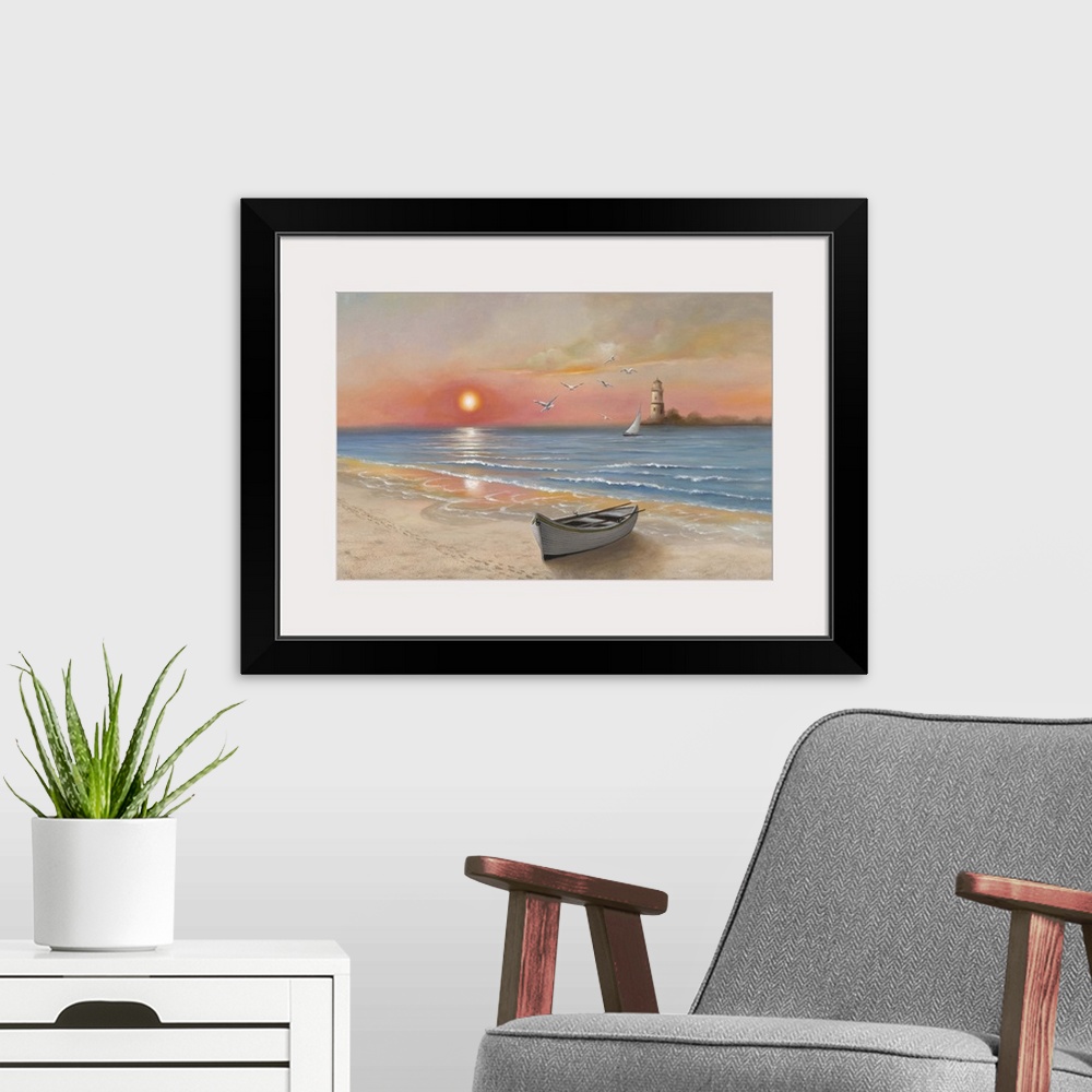 A modern room featuring Contemporary painting of a lone boat at the edge of the sea at sunset, with a lighthouse in the d...