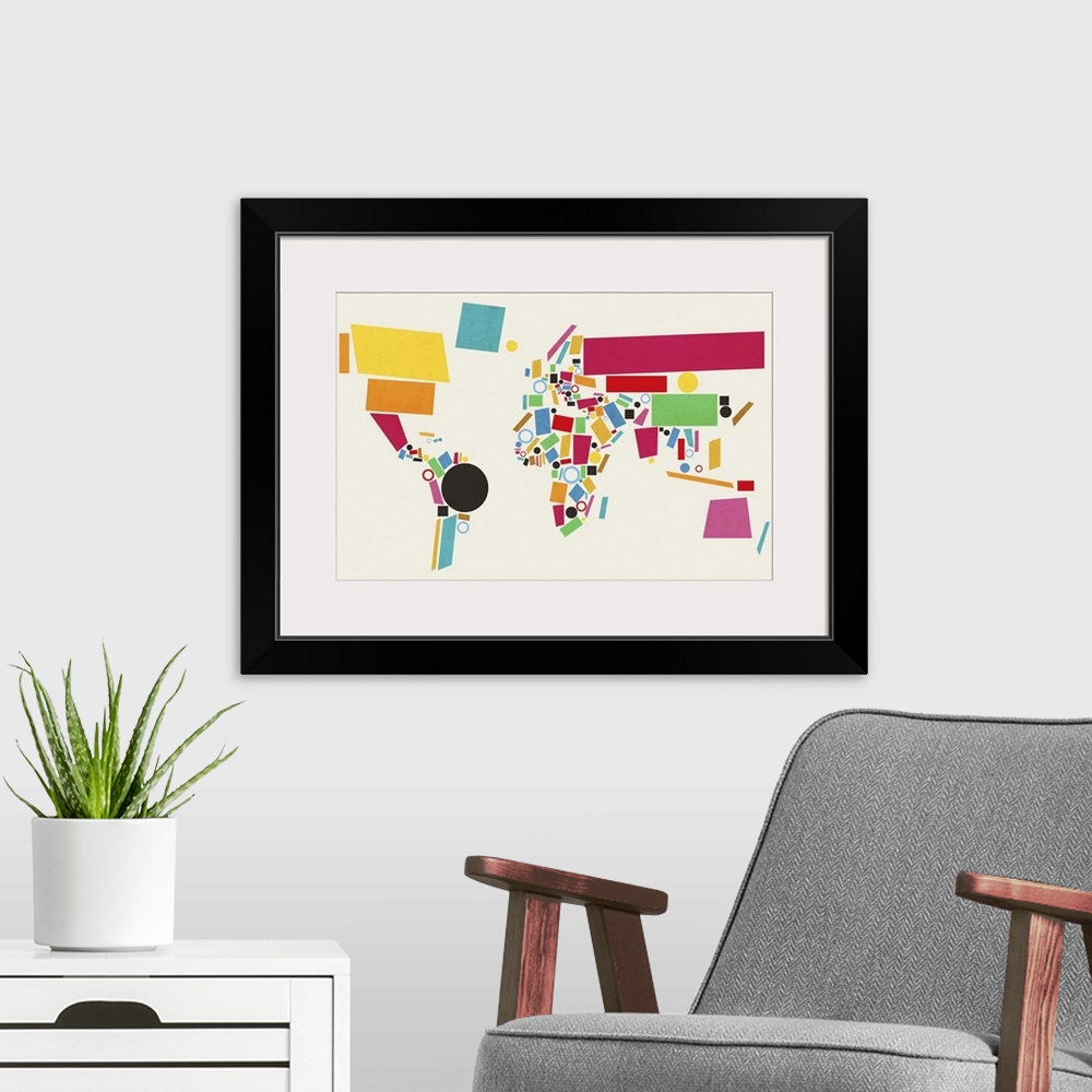A modern room featuring Abstract map of the world made up of Geometric Shapes