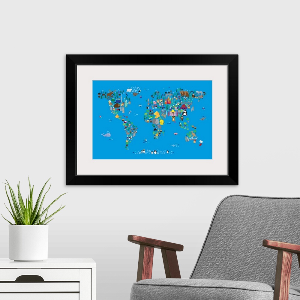 A modern room featuring Animal Map of the World for children, Blue