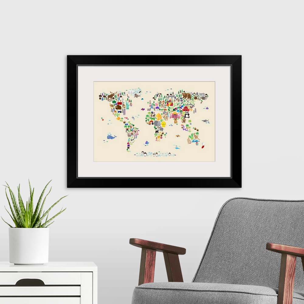 A modern room featuring Animal Map of the World for children, Tan