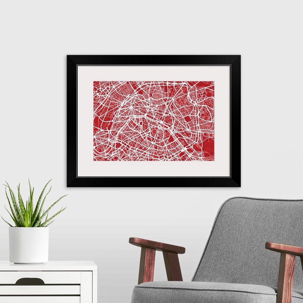 A modern room featuring Art map of Paris in red