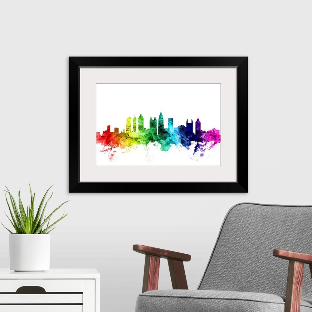 A modern room featuring Watercolor art print of the skyline of Atlanta, Georgia, United States