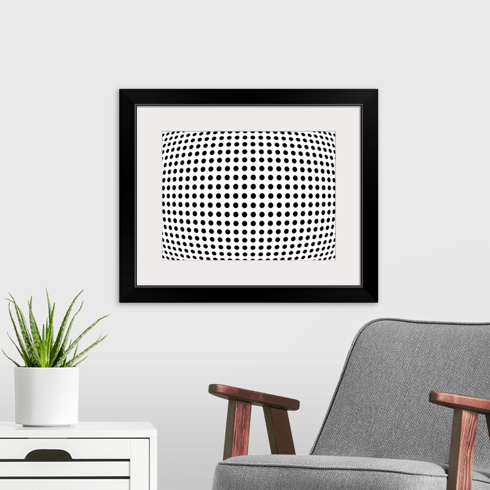 A modern room featuring Black dots on a white background, Op Art Print. The change in size and shape of the circles gives...
