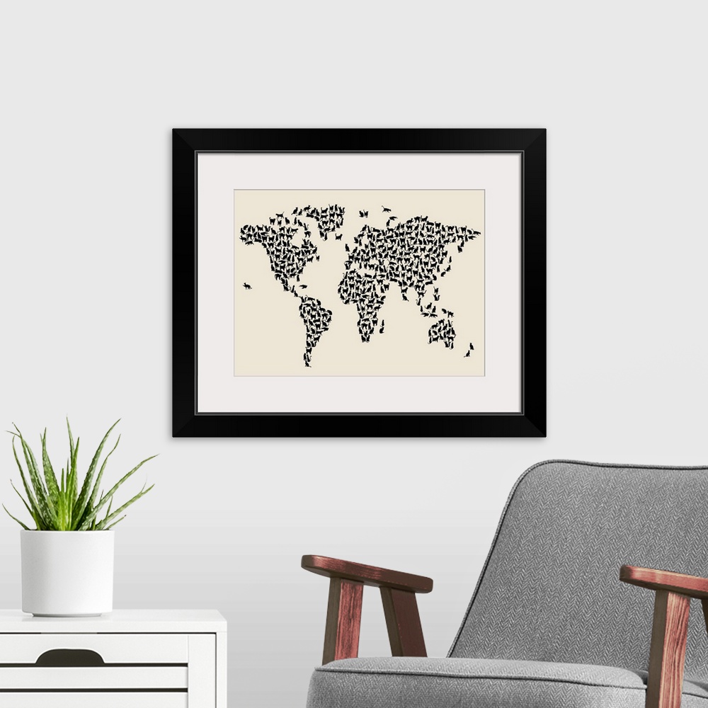 A modern room featuring Contemporary artwork of a world map made of cats.