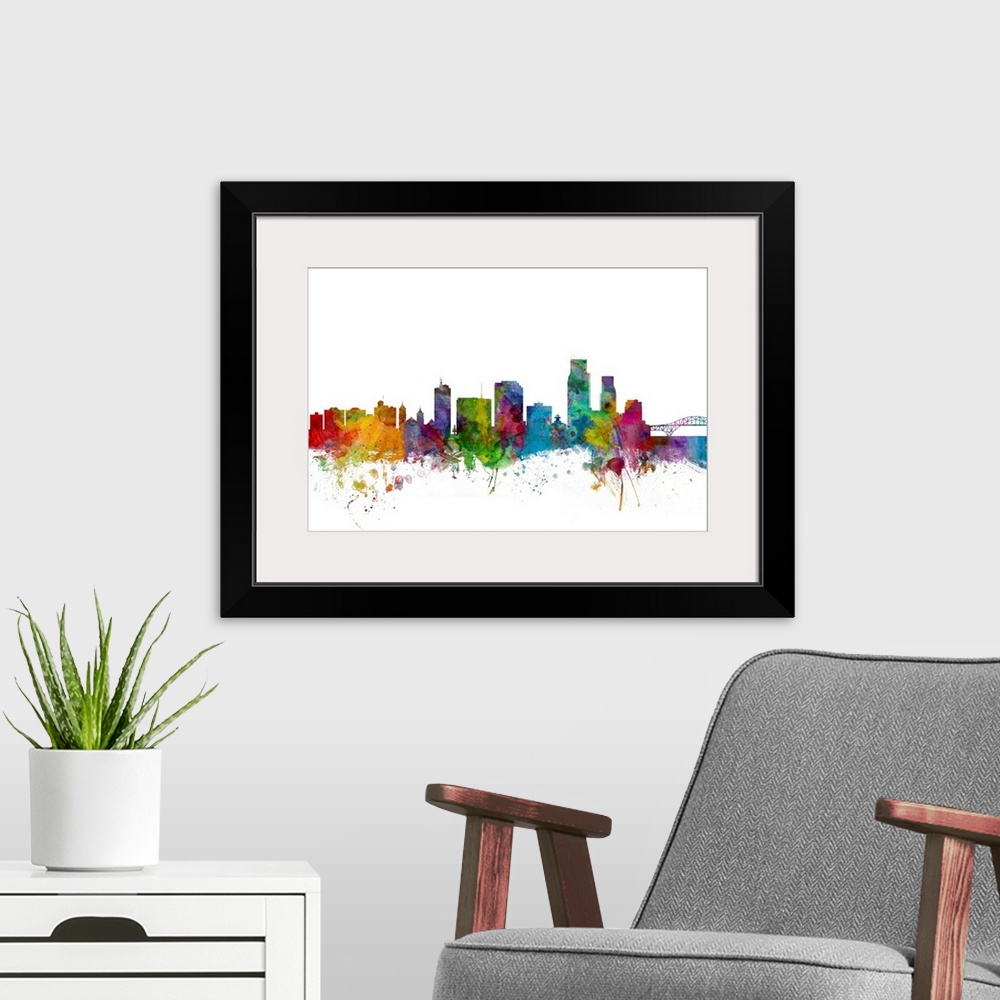 A modern room featuring Watercolor artwork of the Corpus Christie skyline against a white background.