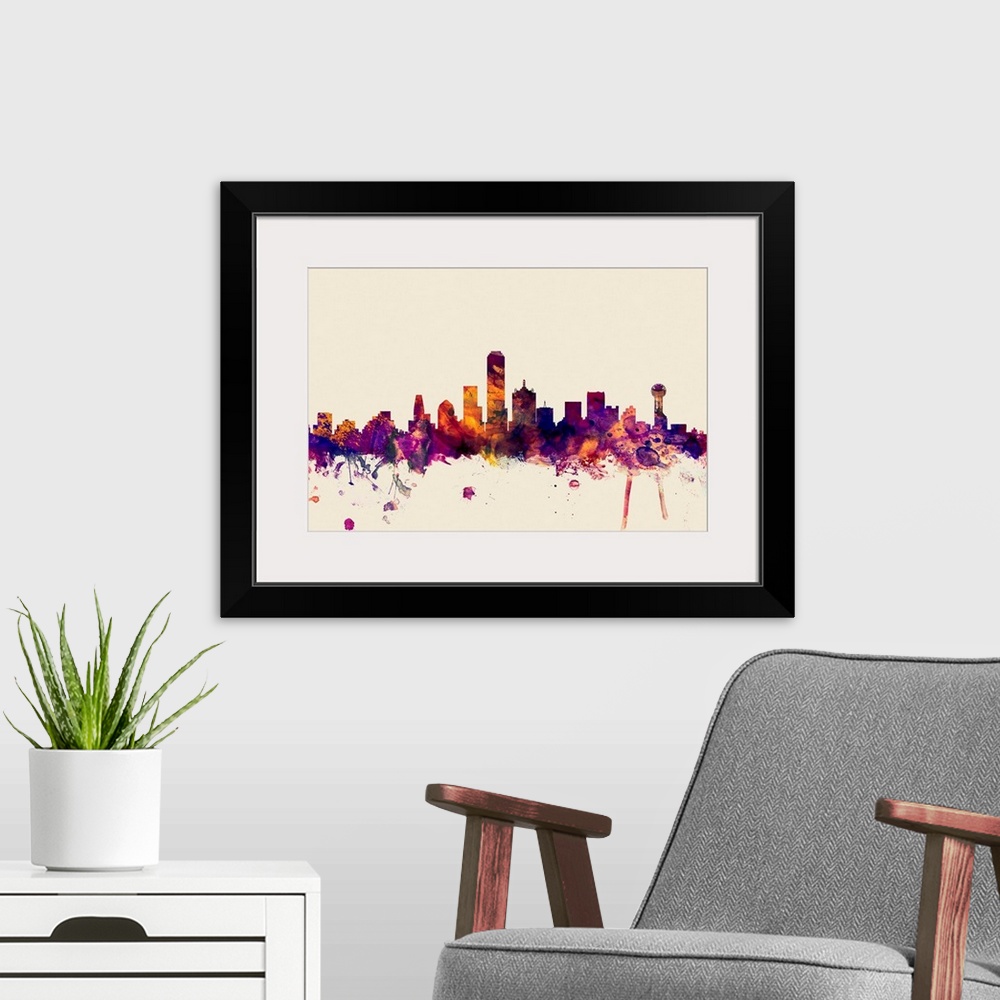 A modern room featuring Contemporary artwork of the Dallas city skyline in watercolor paint splashes.