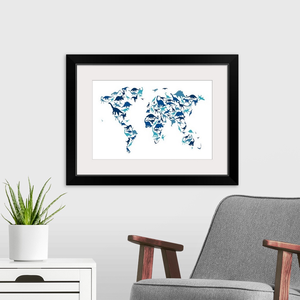 A modern room featuring Dinosaur Map of the World, Blue