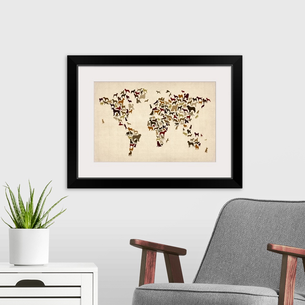 A modern room featuring Contemporary artwork of a world map made of dogs.
