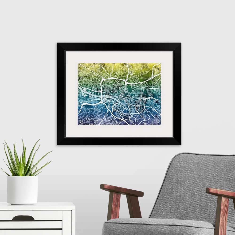 A modern room featuring Contemporary watercolor city street map of Glasgow.