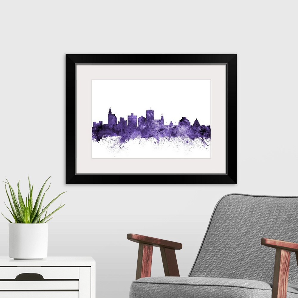 A modern room featuring Watercolor art print of the skyline of Jackson, Mississippi, United States