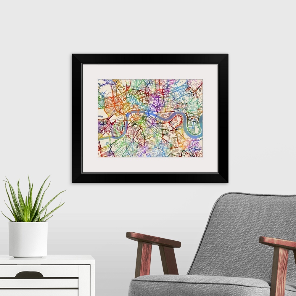 A modern room featuring Contemporary colorful city street map of London.