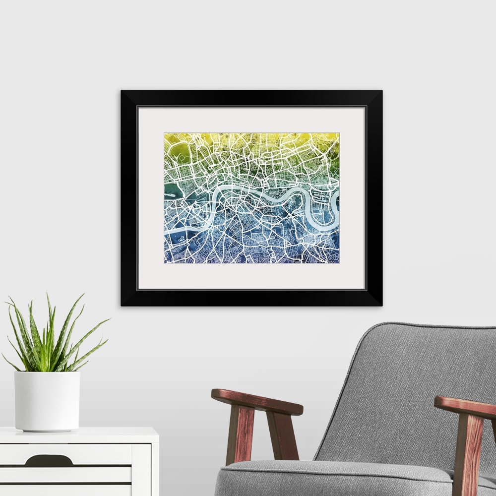 A modern room featuring Contemporary watercolor city street map of London.