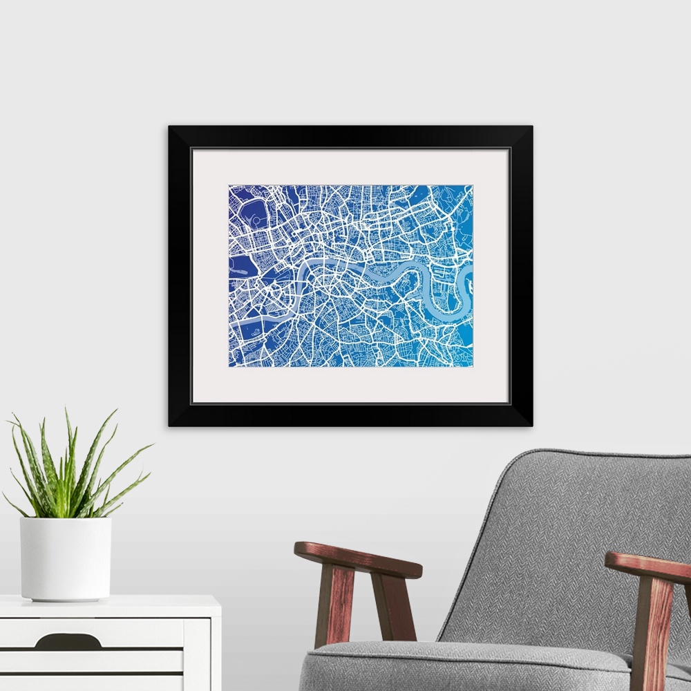 A modern room featuring London map blue
