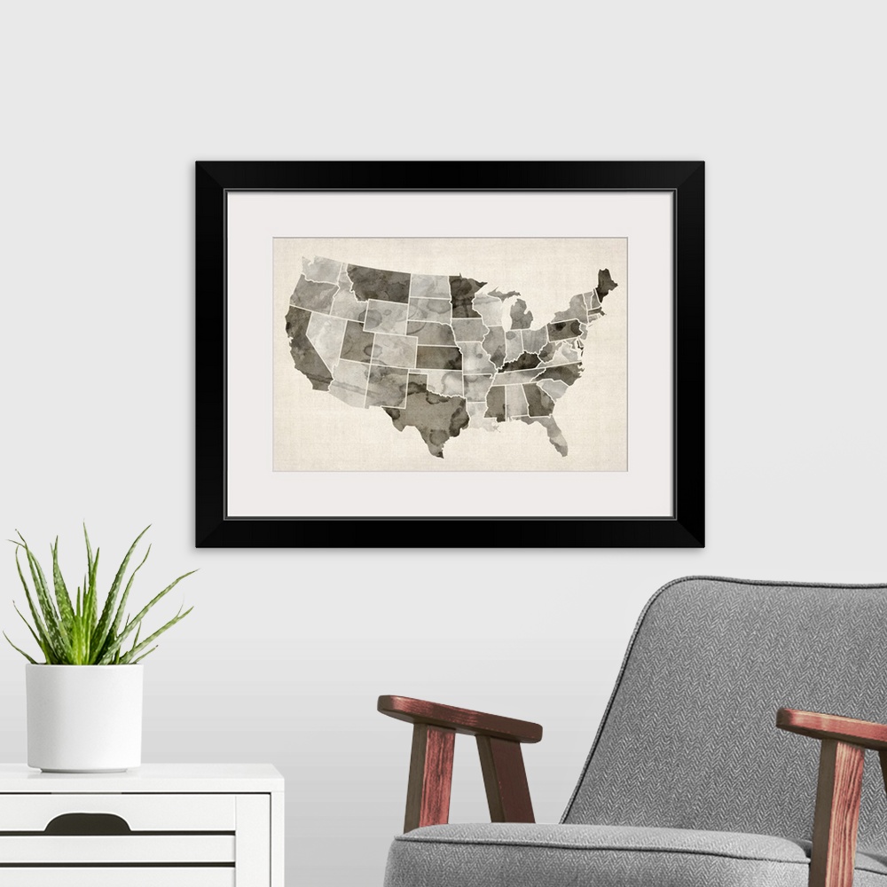 A modern room featuring Map of United States of America, watercolor in brown