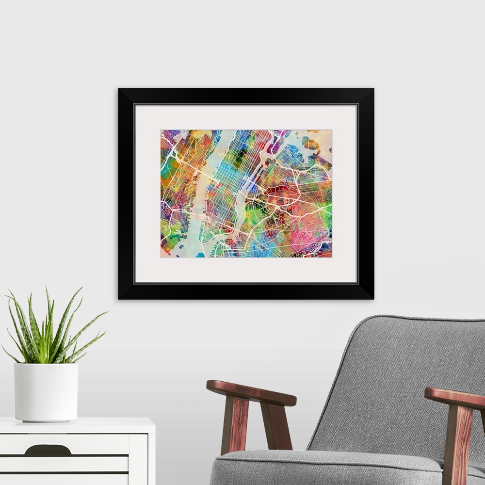 A modern room featuring Watercolor art map of New York city streets.