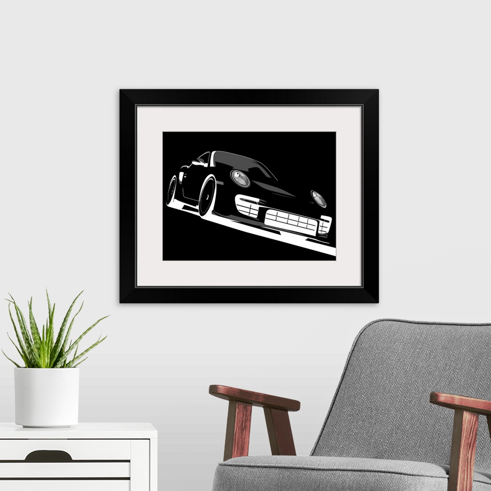 A modern room featuring Retro artwork of a black Porsche shown at an angle with a black background.